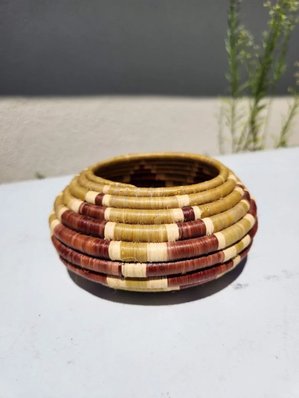 Vintage handwoven coiled basket woven with Geometric Pattern Africa Bohemian Afr